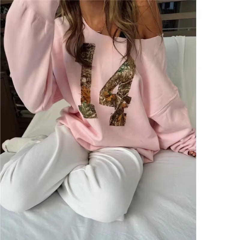 Pink Pullover Sweatshirt Tree Ring Print Digital Fabric Loose Fit Casual Top round Neck Versatile Lazy Streetwear Hoodies