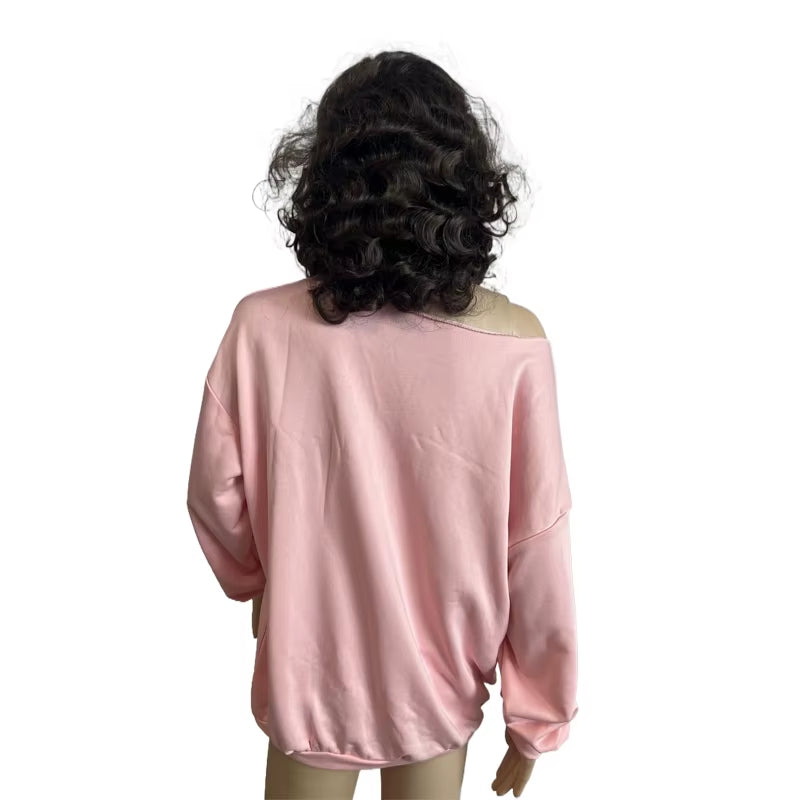 Pink Pullover Sweatshirt Tree Ring Print Digital Fabric Loose Fit Casual Top round Neck Versatile Lazy Streetwear Hoodies