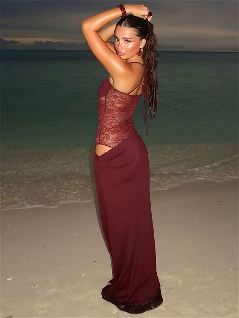 Lace See-Through Patchwork Long Dress Female Spaghetti Backless High Waist Fashion Hollow Out Dress Spring Bandage Dress