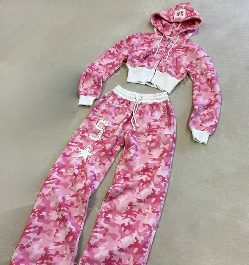 Y2K Pink Short Camouflage Zipper Hoodie Tracksuits Women Harajuku Letters Graphic Embroidery Sweatshirt Goth Straight Sweatpants