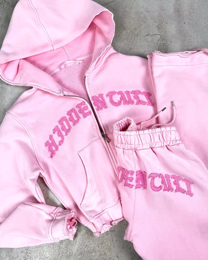 Y2K Vintage Zipper Hoodie Sweatpants 2-Piece Suit Women'S Clothing Gothic Alphabet Embroidered Pullover Sweatshirt Casual Pants