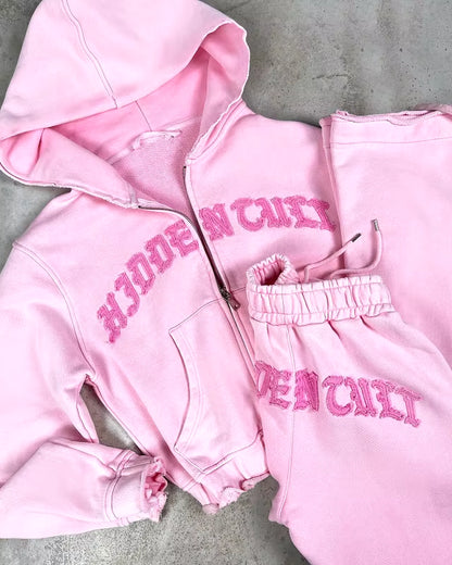 Y2K Vintage Zipper Hoodie Sweatpants 2-Piece Suit Women'S Clothing Gothic Alphabet Embroidered Pullover Sweatshirt Casual Pants