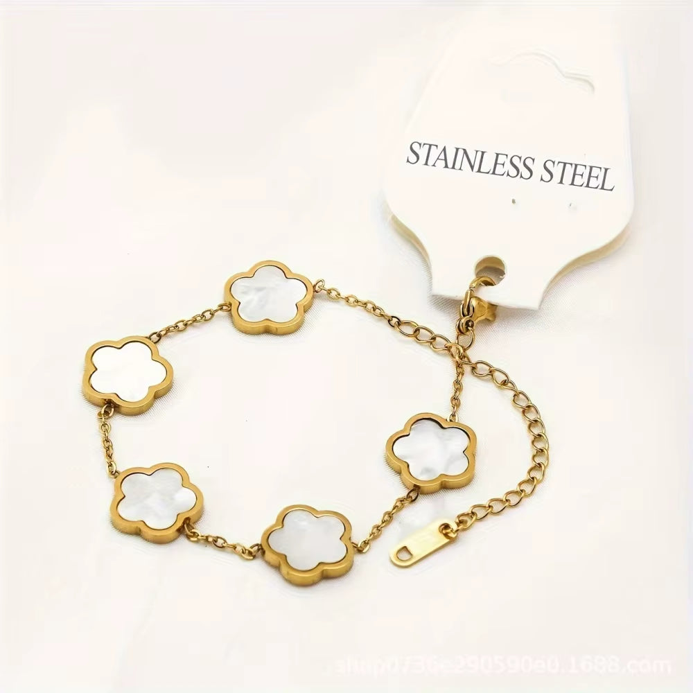 Gold Plated Five-Leaved Flower Bracelets for Women Stainless Steel Anti-Fading Hypoallergenic Trendy Hand Chains Jewelry