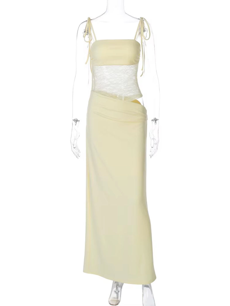 Lace See-Through Patchwork Long Dress Female Spaghetti Backless High Waist Fashion Hollow Out Dress Spring Bandage Dress