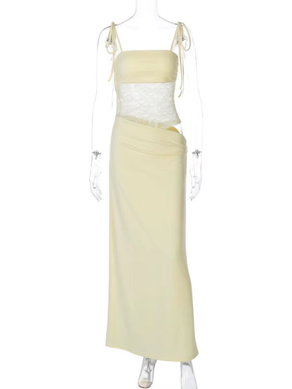 Lace See-Through Patchwork Long Dress Female Spaghetti Backless High Waist Fashion Hollow Out Dress Spring Bandage Dress