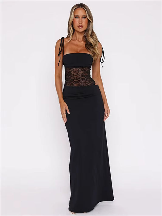 Lace See-Through Patchwork Long Dress Female Spaghetti Backless High Waist Fashion Hollow Out Dress Spring Bandage Dress