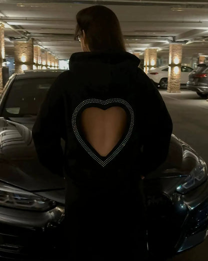Amazon Nichedesign Sensibility Hollow Heart Rhinestone Long Sleeve Sweatshirt Autumn Loose-Fit Versatile Fashionable Trendy Hood