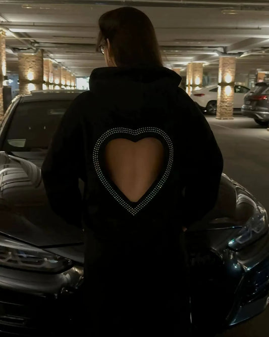 Amazon Nichedesign Sensibility Hollow Heart Rhinestone Long Sleeve Sweatshirt Autumn Loose-Fit Versatile Fashionable Trendy Hood
