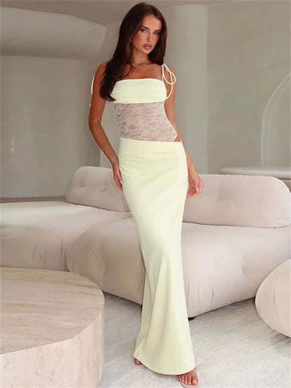 Lace See-Through Patchwork Long Dress Female Spaghetti Backless High Waist Fashion Hollow Out Dress Spring Bandage Dress