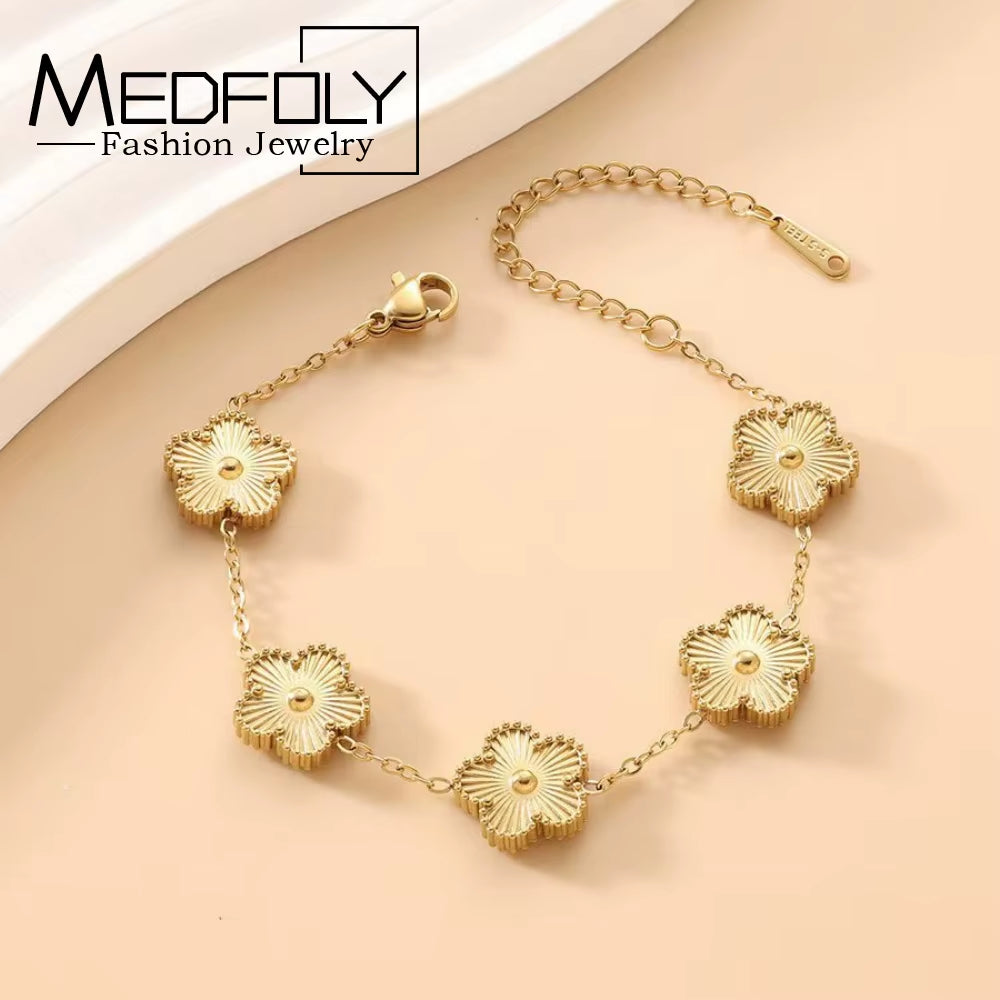 Gold Plated Five-Leaved Flower Bracelets for Women Stainless Steel Anti-Fading Hypoallergenic Trendy Hand Chains Jewelry