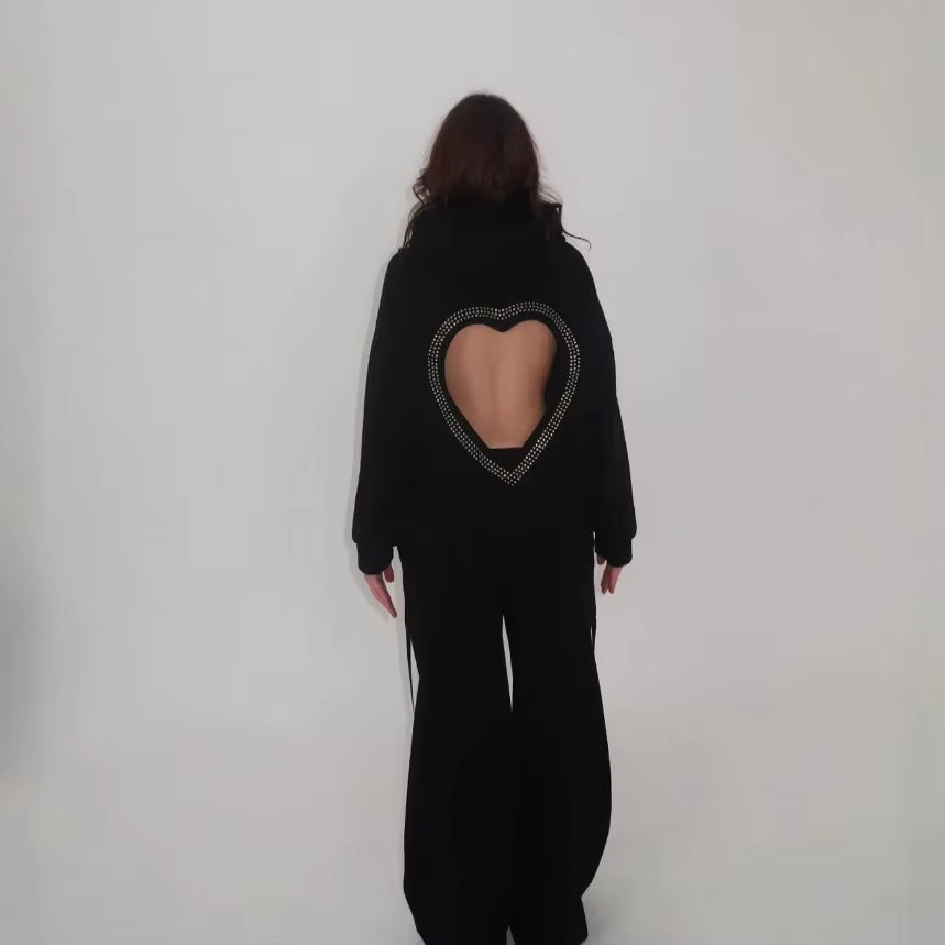 Amazon Nichedesign Sensibility Hollow Heart Rhinestone Long Sleeve Sweatshirt Autumn Loose-Fit Versatile Fashionable Trendy Hood